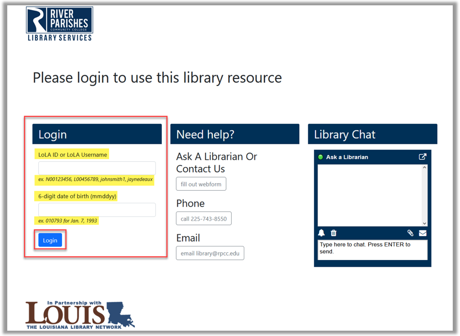 RPCC Library off-campus database login screen